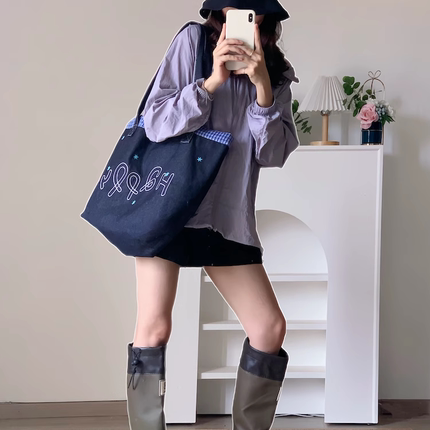 格子牛仔包2025新款大容量女包单肩包撞色高级感蓝色刺绣小众复古