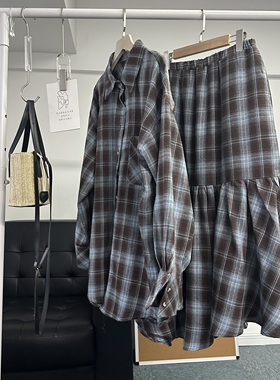 港风复古格子衬衫女2025秋冬磨毛棉宽松显瘦设计感衬衫+半裙套装