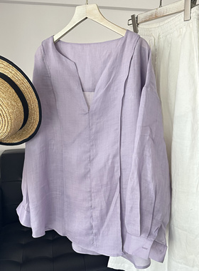 2025新款紫色立领色织苎麻基础款舒适宽松U型后摆休闲翻领衬衫