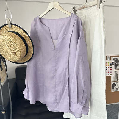 2025新款紫色立领色织苎麻基础款舒适宽松U型后摆休闲翻领衬衫