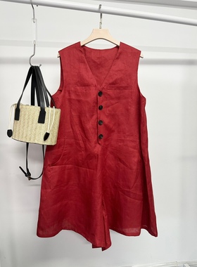 2024早秋新款红色100亚麻宽松无袖连体短裤