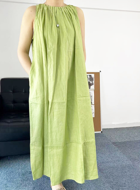 2025新款果绿色无袖亚麻连衣裙女夏季高级感纯色韩版休闲宽松