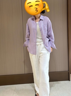 紫色100苎麻防晒上衣宽松衬衫女套装通勤中长款落肩纯色