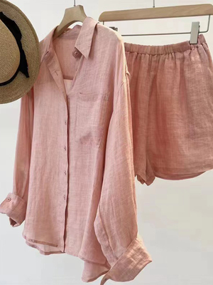 7色两件套苎麻防晒上衣宽松衬衫+短裤套装女－自制