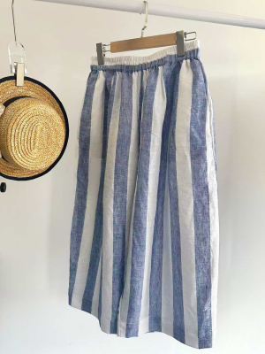 自制一亚麻条纹套装女夏季宽松显瘦百搭九分休闲裤