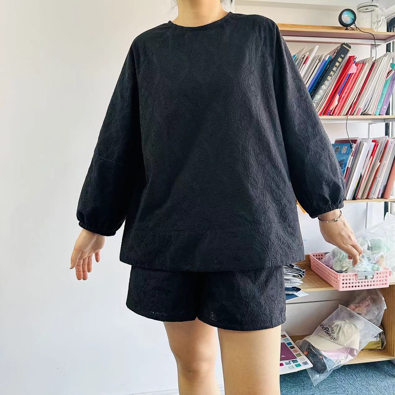 纯棉重工刺绣廓形小A名媛九分袖上衣A字两件短裤套装自制