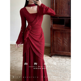 山野逸梦红色长袖 希腊女神秋冬优雅气质订婚圣诞敬酒年会服连衣裙