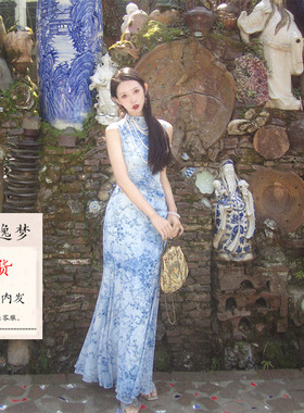 山野逸梦「云釉」青花瓷显瘦扎染梨型身材高个子旗袍连衣裙女