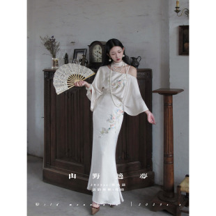 「花楹」瓷韵旗影原创刺绣斜肩斜裁慵懒古希腊古典晨袍连衣长裙