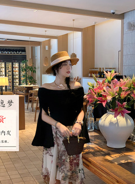 山野逸梦 黑色荡领长袖T恤女设计感褶皱修身打底衫上衣套装