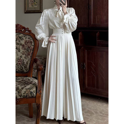 白色压褶百褶裙裤女高腰显瘦