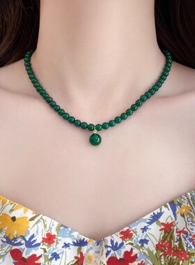 新中式天然绿色玛瑙玉髓串珠项链女碧玉石轻奢翡翠锁骨颈链毛衣链