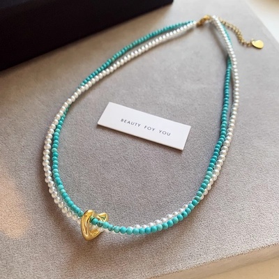 双层玻璃珍珠绿松石爱心吊坠项链多层叠戴可缠绕气质网红锁骨