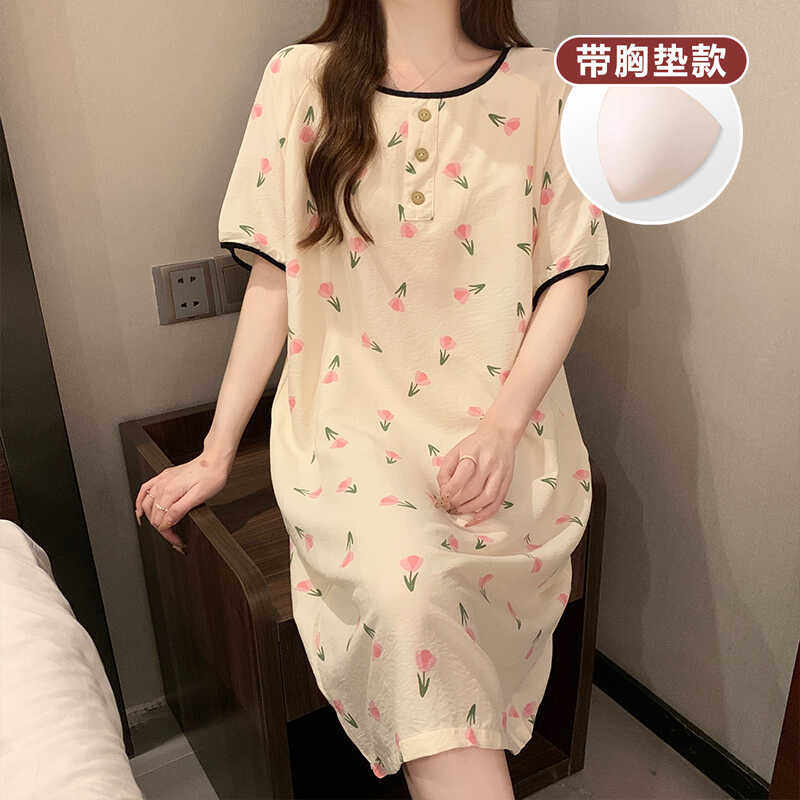 带胸垫夏季睡裙女纯棉纱甜美小清新少女短袖睡衣高级感睡衣家居服