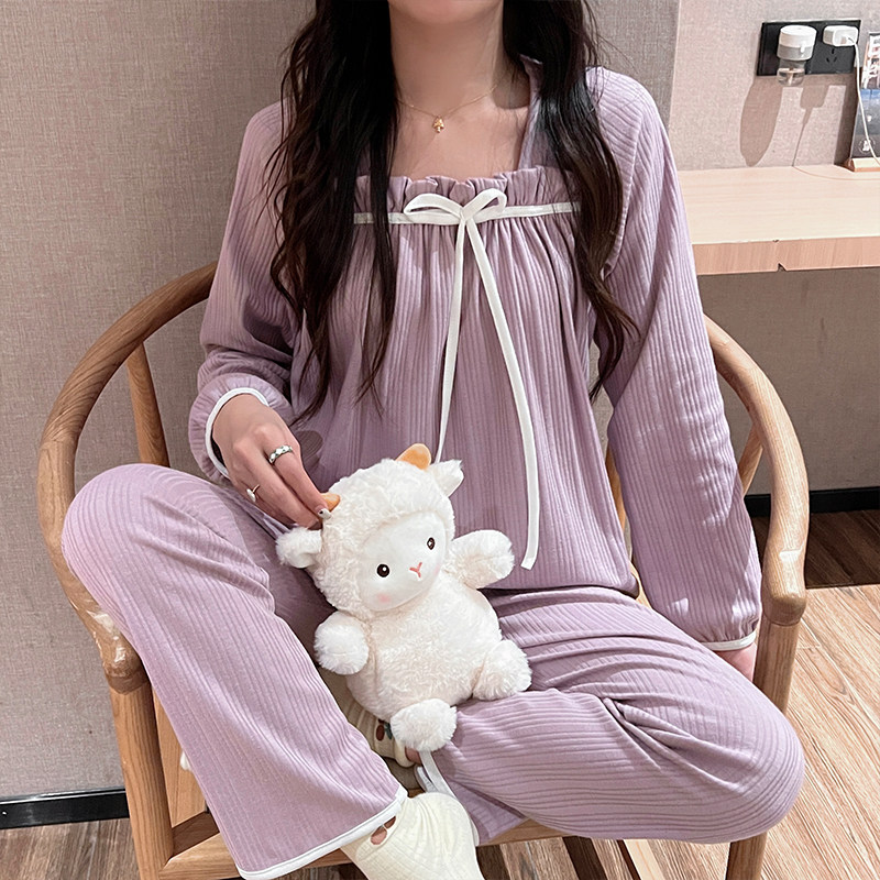 睡衣女春秋纯棉2023年新款纯色长袖网红爆款ins风可爱学生家居服