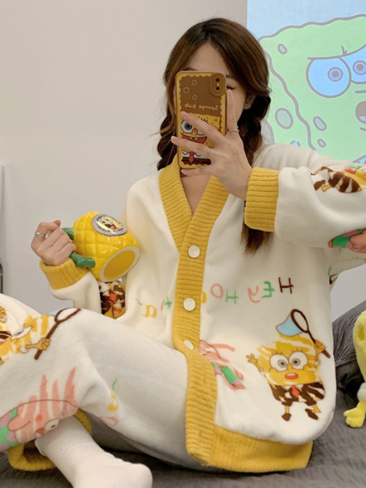 AUTUMN AND WINTER PAJAMAS WOMENS THICKENED FLEECE CORAL VELVET LONG SLEEVE CUTE PRINCESS STYLE CARDIGAN FLANNEL WARM LOUNGEWEAR