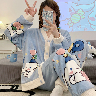 秋冬季睡衣女加厚加绒珊瑚绒长袖可爱公主风开衫法兰绒保暖家居服
