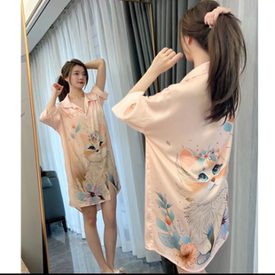 睡衣高級(jí)感大碼 2025新款 韓版 冰絲貓睡裙女夏衣性感開(kāi)衫 家居服套裝
