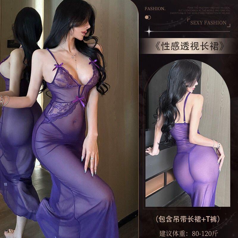 性感紫色御姐蕾丝吊带睡裙女夏季V领收腰包臀长裙大码透视睡衣