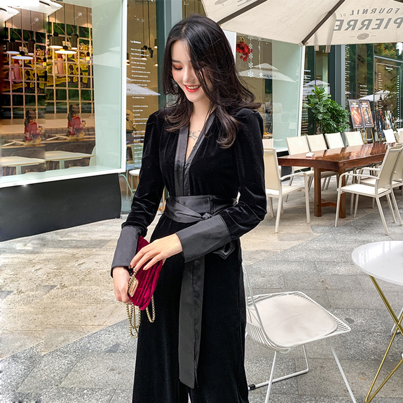 连体裤女丝绒2018秋冬新款显瘦坠感金丝绒套装洋气长款阔腿裤礼服