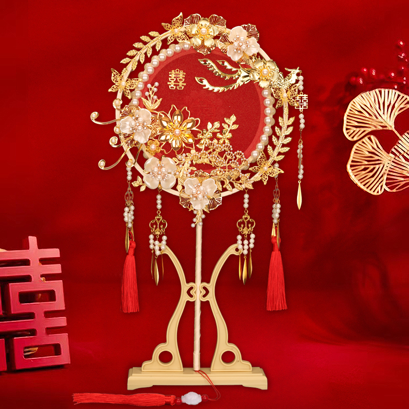 新娘结婚秀禾明制新古典汉唐古风双面手工成品景泰蓝红色蕾丝团扇