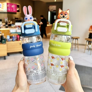 疯狂动物城尼克朱迪水杯夏季 运动壶高颜值双饮杯宝宝直饮吸管杯子