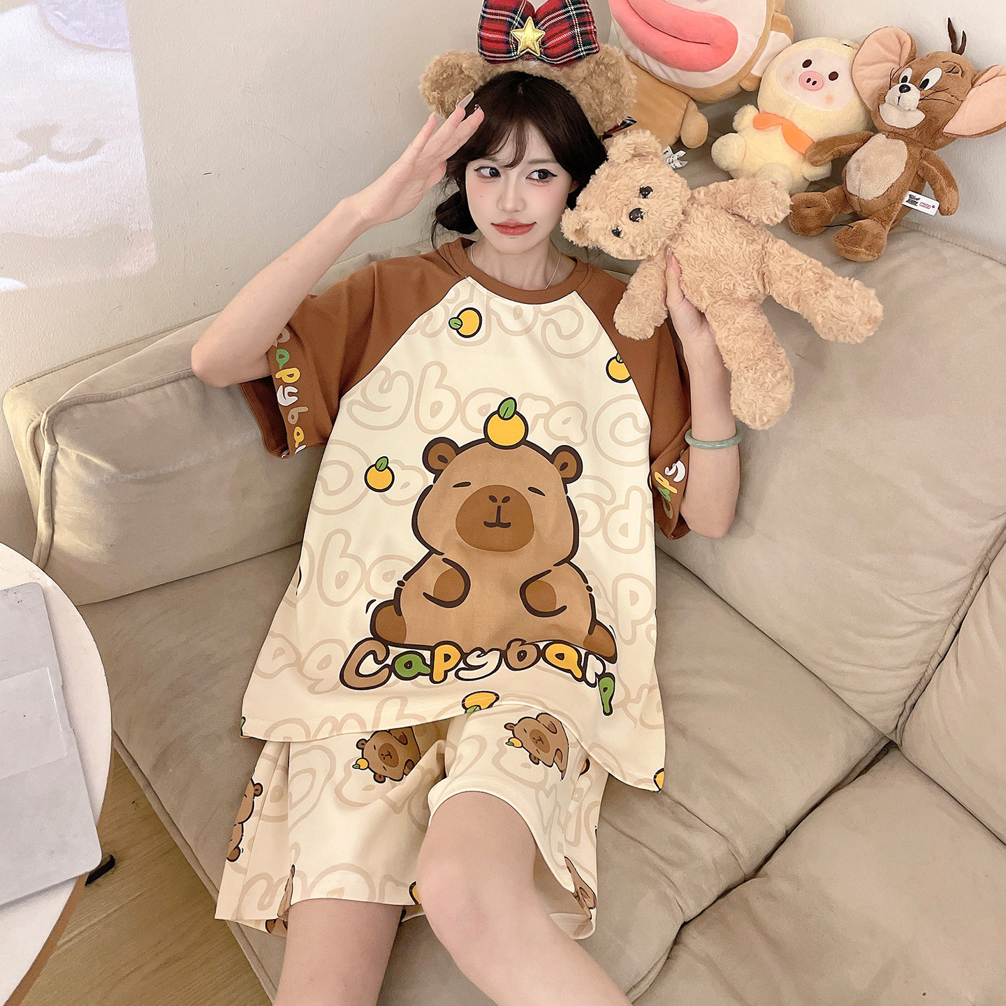 青少年睡衣女孩可爱卡通短裤短袖初中学生大童纯棉套装家居服夏季