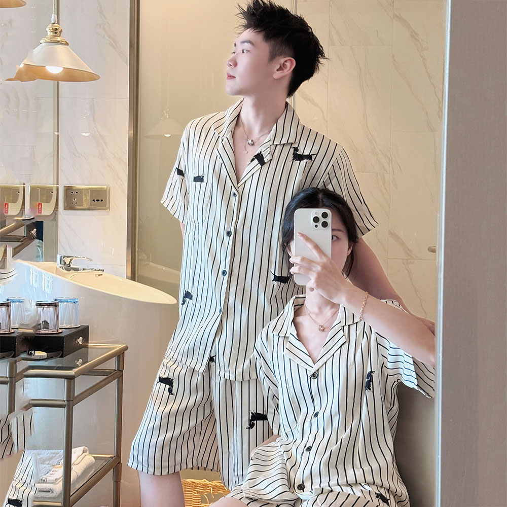 情侣睡衣冰丝夏季薄款男女大码宽松可爱卡通可外穿夏天家居服套装