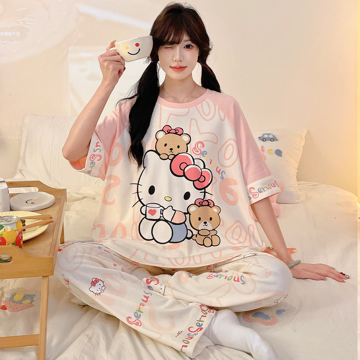 青少年纯棉睡衣女孩可爱卡通长裤夏季初中学生大童短袖家居服套装