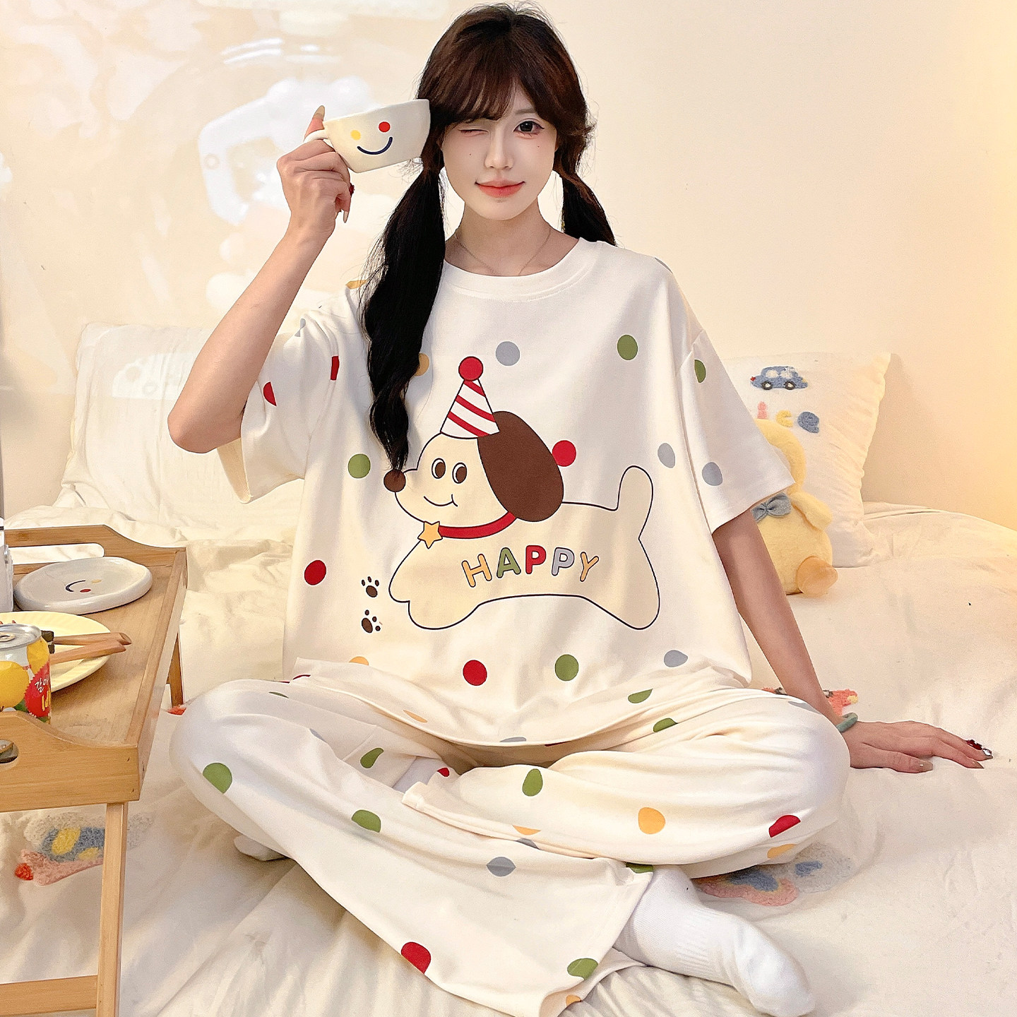 青少年纯棉睡衣女孩可爱卡通长裤夏季短袖初中学生大童家居服套装