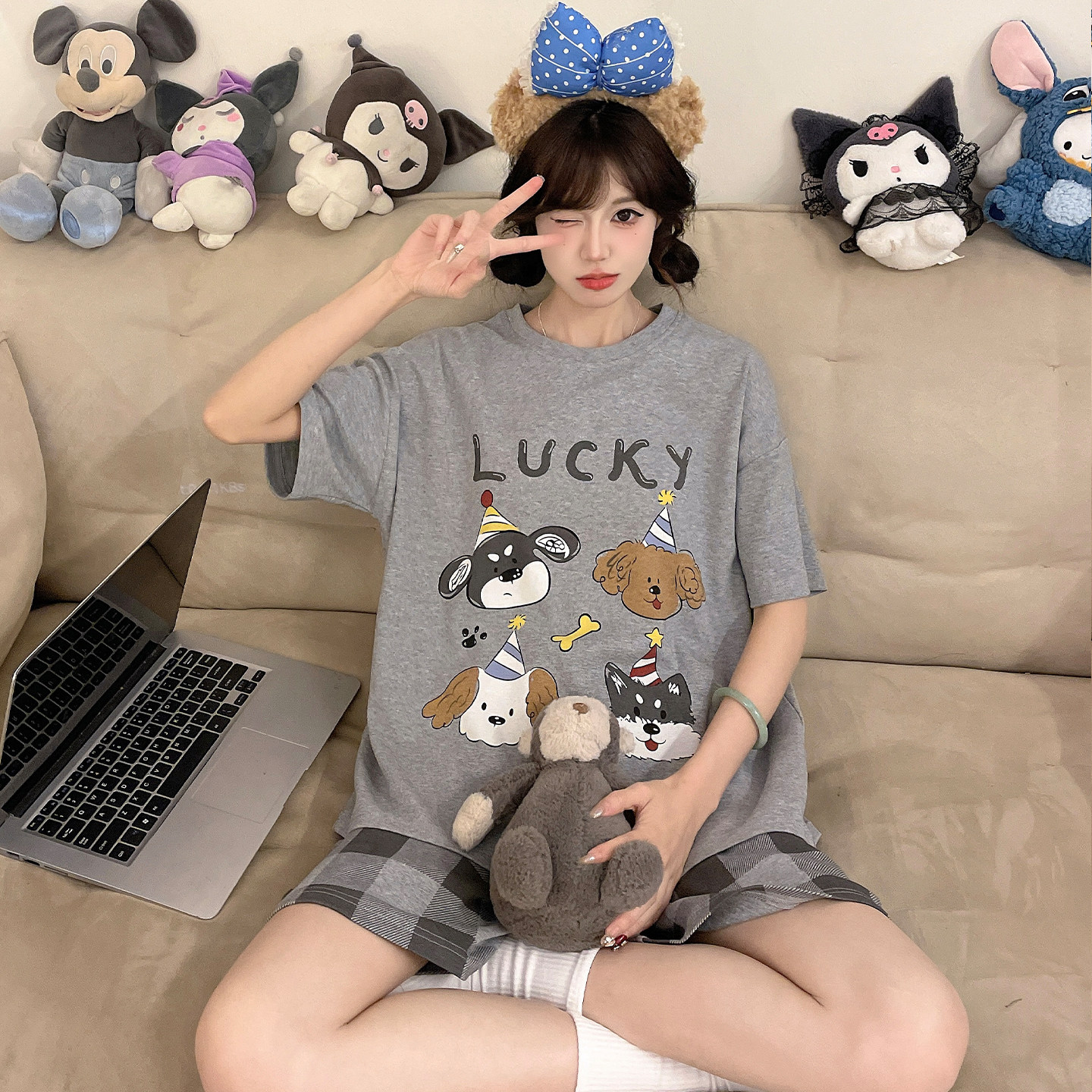 纯棉睡衣女孩可爱卡通短裤夏季短袖初中学生大童青少年家居服套装