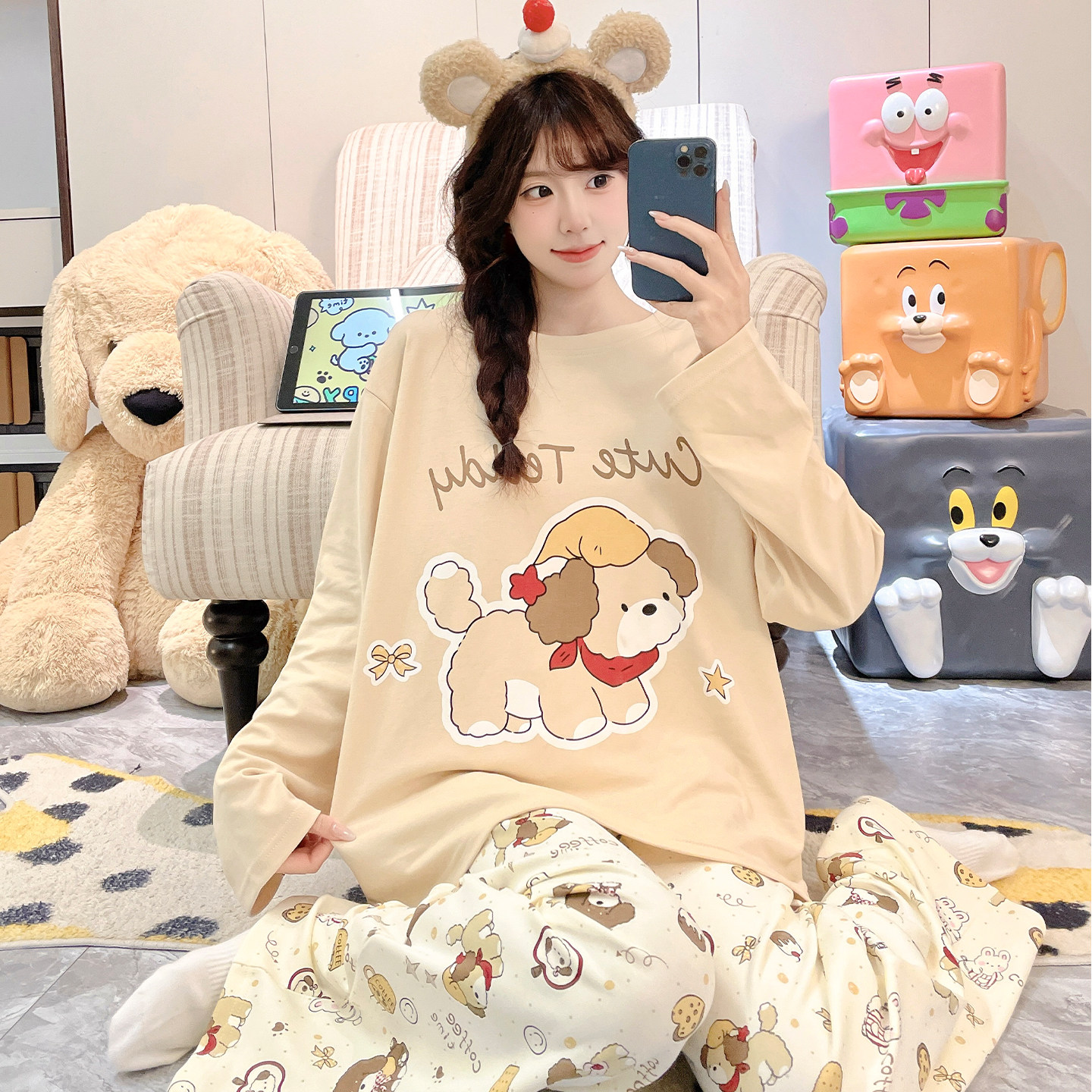 青少年睡衣女孩长袖卡通甜美圆领春秋大童纯棉初中学生套装家居服