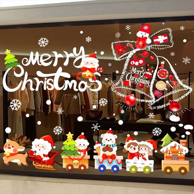圣诞节装饰品静电贴圣诞小火车老人氛围场景布置玻璃门贴纸橱窗贴