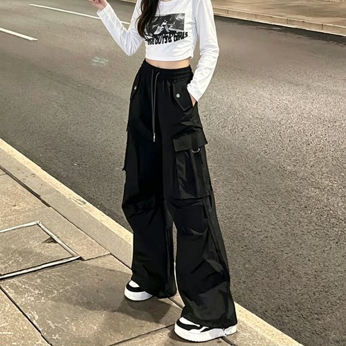 女童美式黑色工装阔腿运动裤