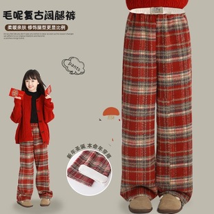 女童阔腿裤秋冬加绒复古格子裤儿童圣诞大童冬季红色裤子保暖卫裤