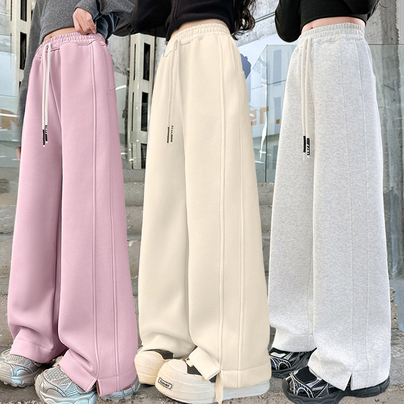 女童加绒裤子冬季2025新款春秋儿童一体绒女大童直筒阔腿裤秋冬装