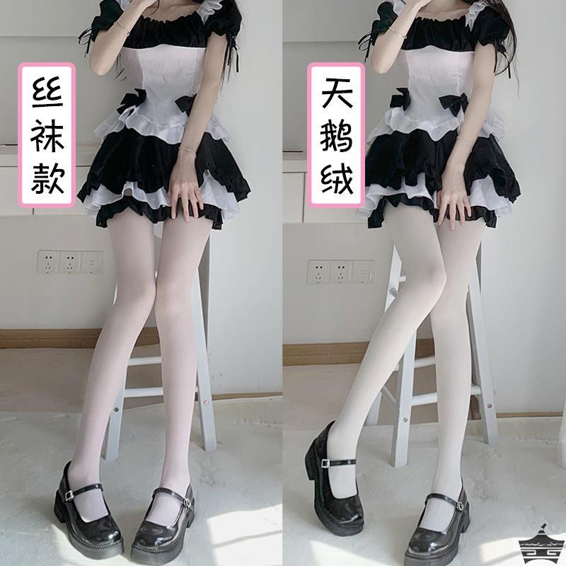 日系JK洛丽塔天鹅绒白色连裤丝袜女春夏打底袜薄款lolita黑丝袜子