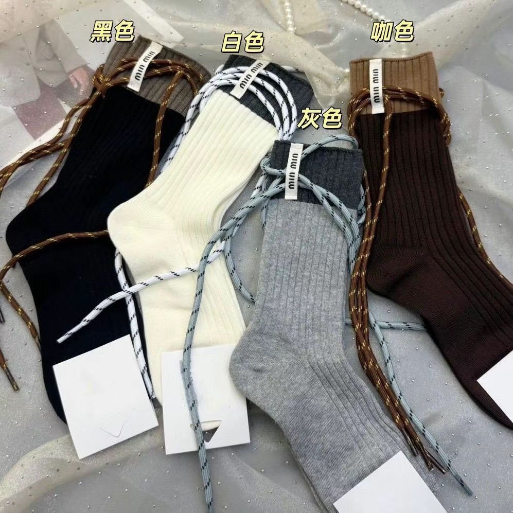 新款鞋带撞色设计长筒布标字母女袜ins潮流饰品女袜爆款堆堆袜子