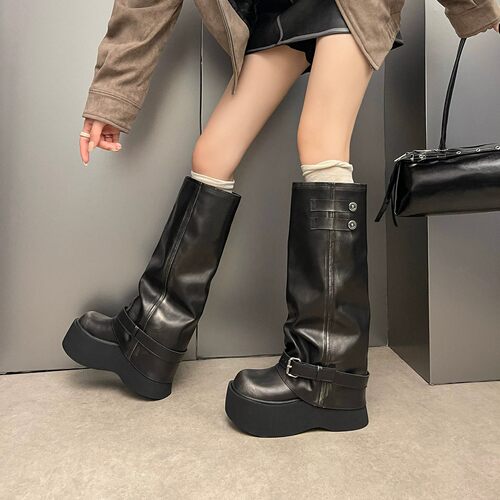 ~8cm增高真皮裤管靴女秋长筒靴子