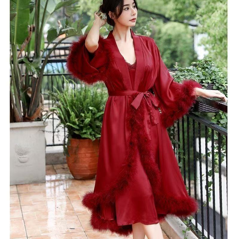 胖mm大码300斤晨袍女新娘性感羽毛高级感金丝绒睡袍结婚睡衣套装2图片