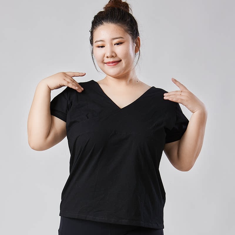 大码舞蹈服练功服加肥加大短袖上衣胖MM形体服练功长袖V领形体服