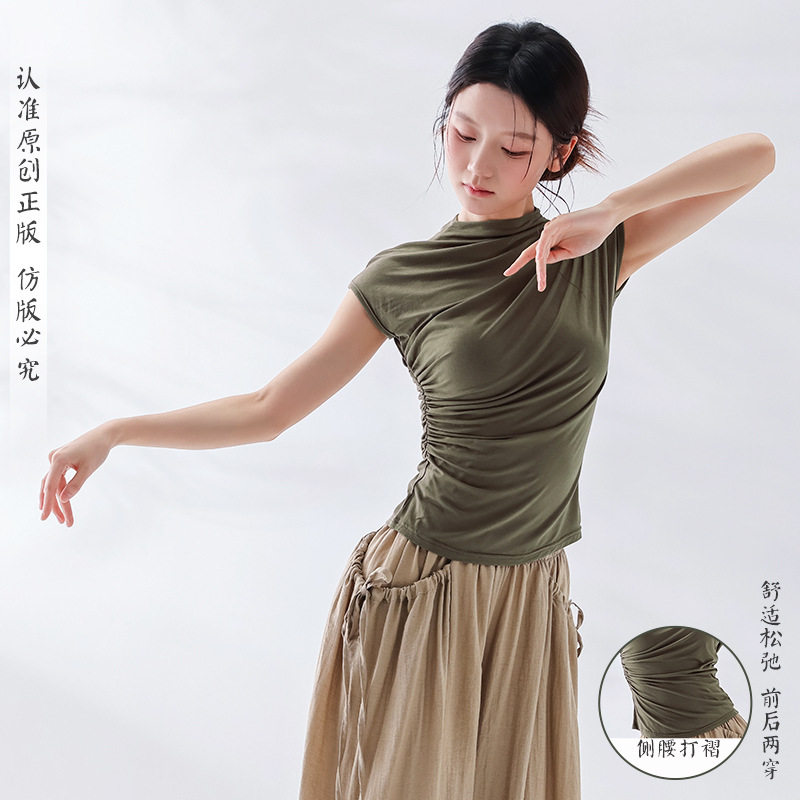 舞蹈练功服女新款半高领短袖打底褶皱上衣修身形体运动瑜伽演出服