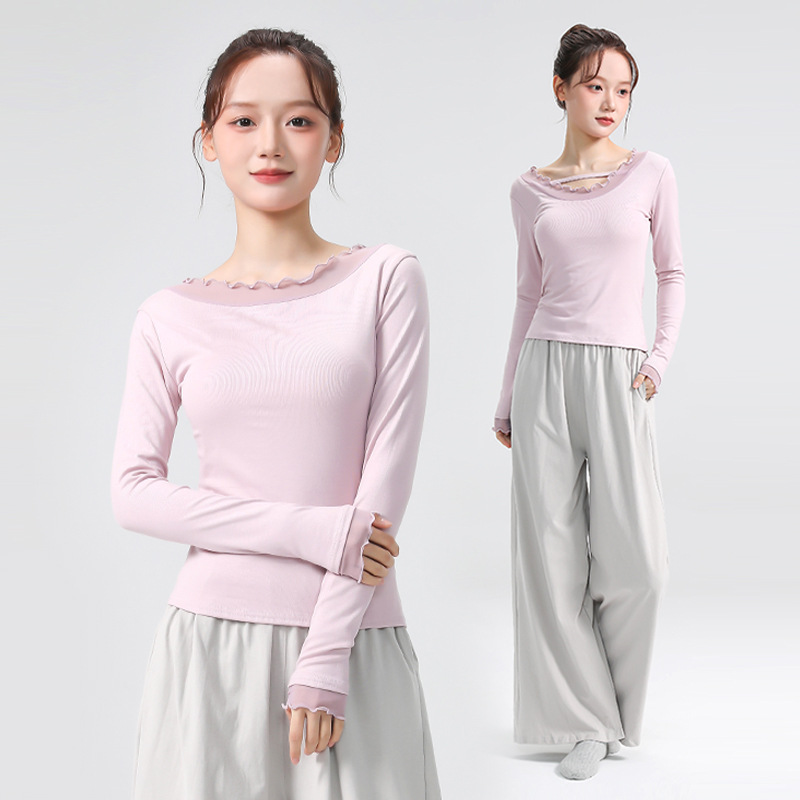 现代舞练功服女秋冬新款设计感荷叶花边领t恤上衣中国古典舞蹈服