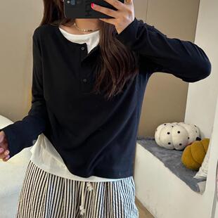 大尺码女装正肩假两件上衣春秋新款胖mm显瘦长袖内搭针织打底衫T