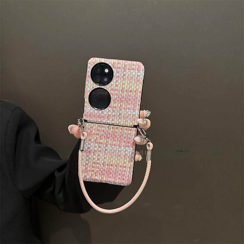 适用华为pocket2手机壳创意彩色编织纹皮质华为p50pocket手提挂绳pockets女款高级中轴全包简约个性防摔硬壳