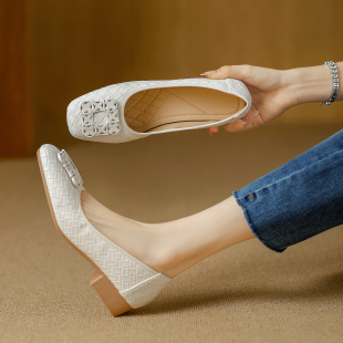 子 低帮多色文艺方头低跟女鞋 百丽纯爱真皮软皮浅口女单鞋 2025爆款