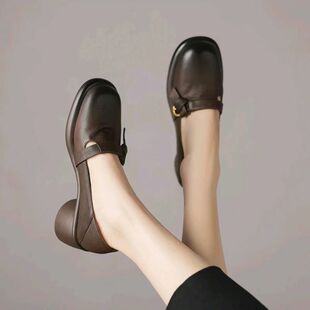 浅口中跟小皮鞋 百丽纯爱真皮软皮圆头厚底粗跟单鞋 女2025早秋新款