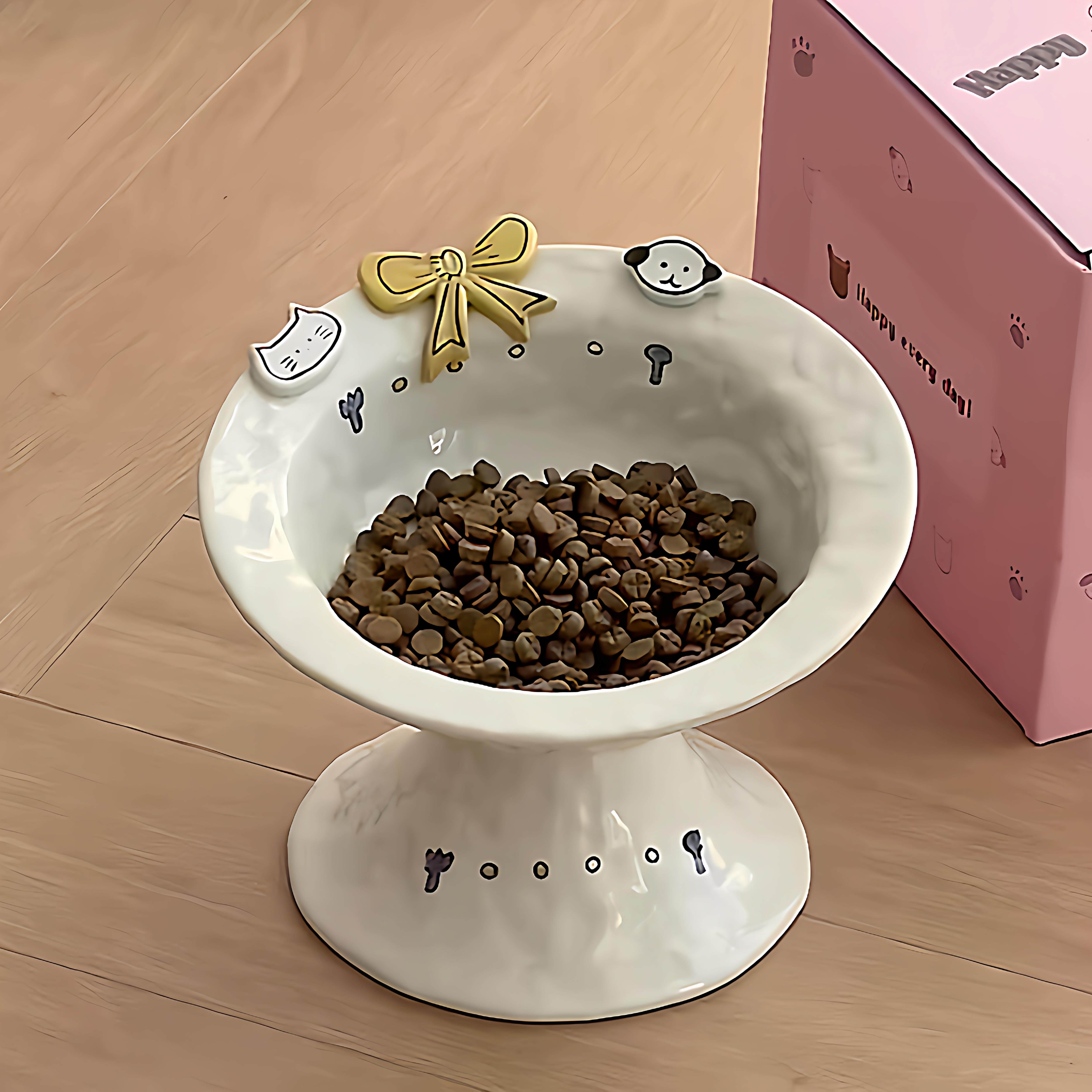 工厂好物钮扣小狗猫粮碗手绘陶瓷猫咪高脚护颈猫粮碗狗食碗家用宠