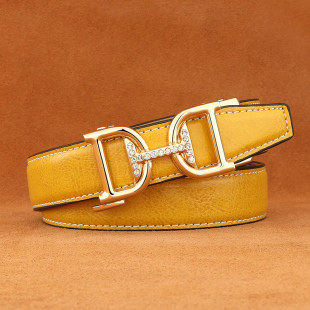 细皮带女士真皮休闲ins风腰带黄色字母自动扣百搭韩版 带 连衣裙裤