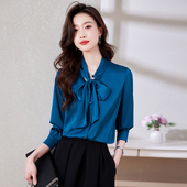 哥弟新2023年春季 新款 真丝衬衣女法式 正品 蝴蝶结设计感打小众底衫